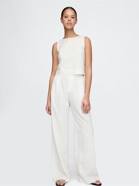 2017 Gap Optic White Wide-Leg Linen Blend Pants, Tall
